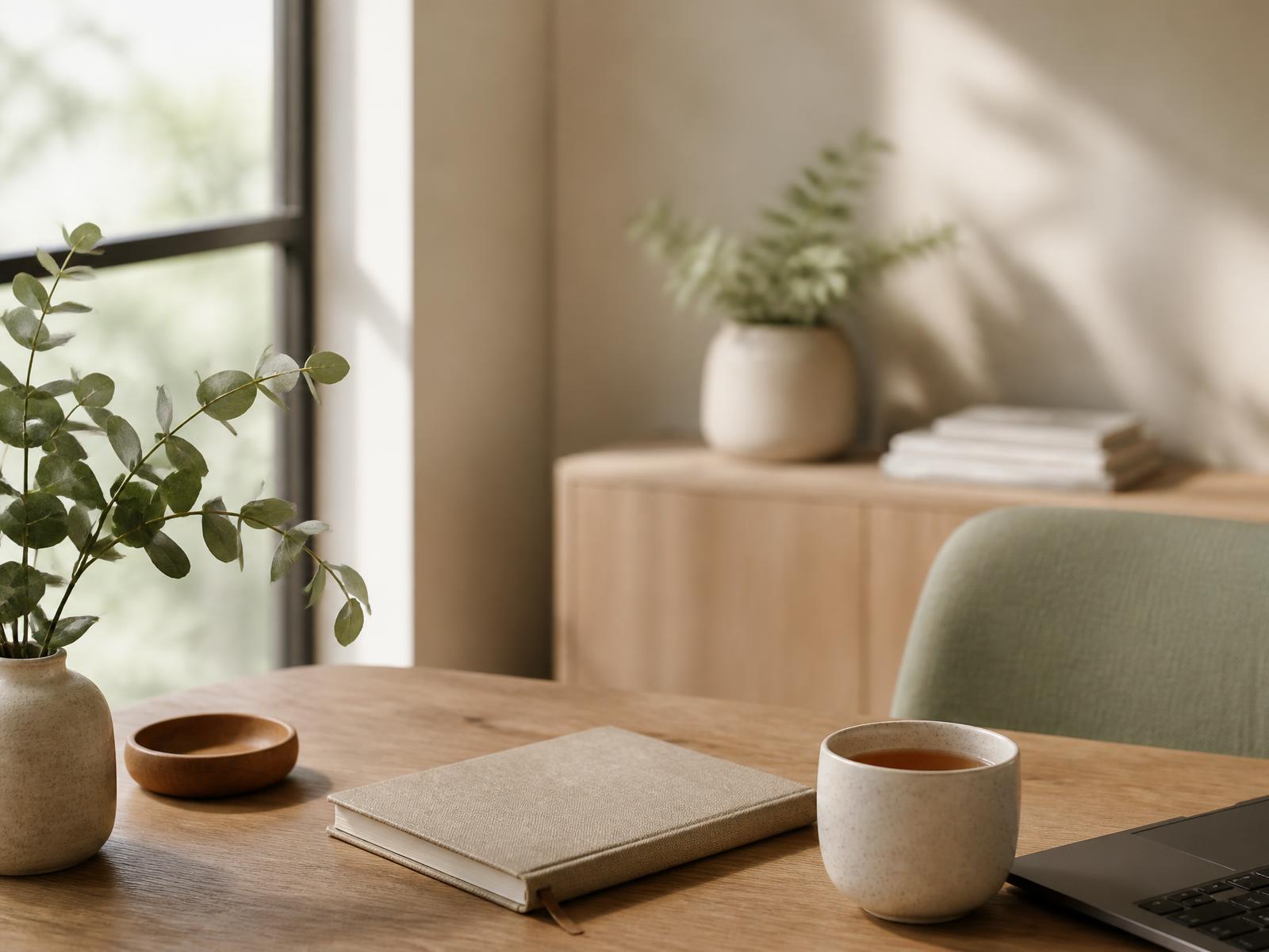 Rustige werkplek bij het raam met plant, notitieboek en thee